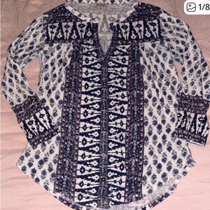 Lucky Brand Women's Navy Blue Geometric Floral Print Boho Top, Small